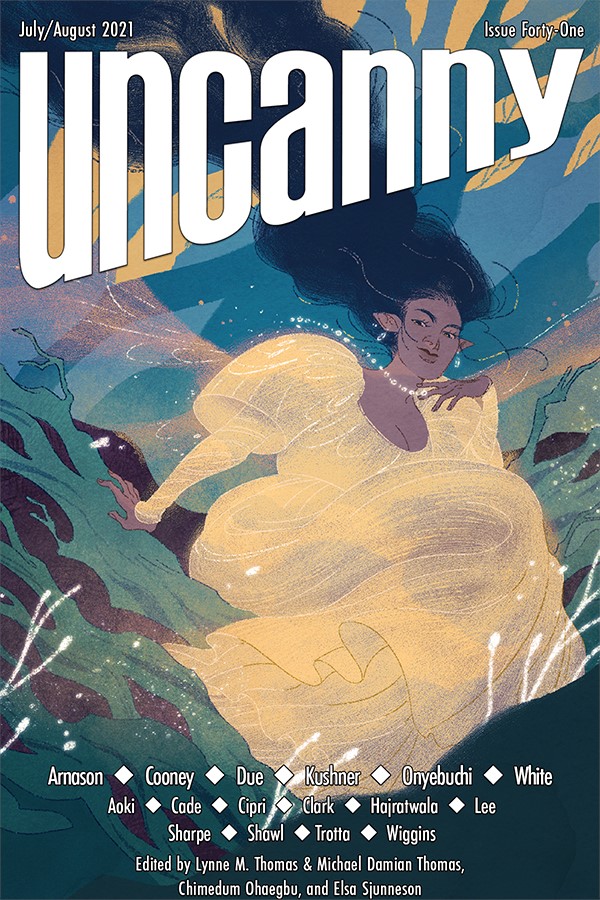 The cover of Uncanny Issue 41, which features an illustration of an elf with brown skin and long hair in a stylized natural environment.